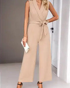 Wrap Sleeveless Belted Jumpsuit |  Khaki
