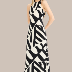 Hi-Neck Geometric Long Dress | Cream/Black