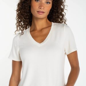 Short Sleeve V-Neck Knit Tee | French Cream