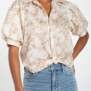 Puff Sleeve Button Front Woven Top with Twist | Tan White Floral