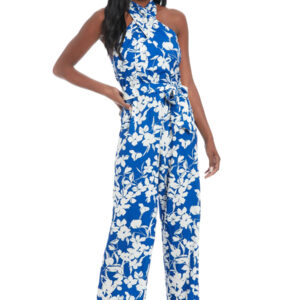 Floral Poly Halter Jumpsuit | Blue/White