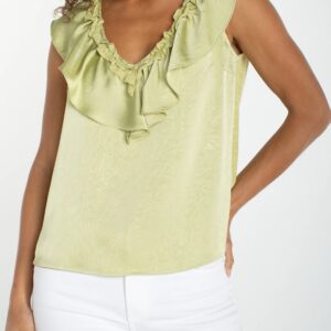 Ruffle Front Sleeveless Woven Knit Top | Whipped Cream, Lime Crema